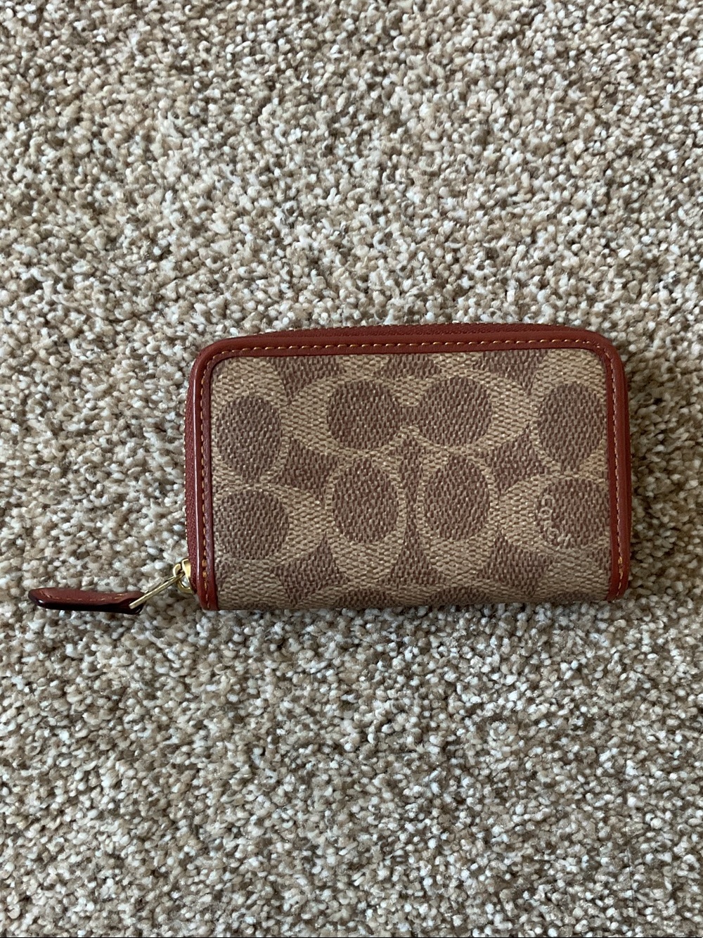 Coach Signature Zip Card Case Wallet in Tan and Brown with Red-Brown Trim